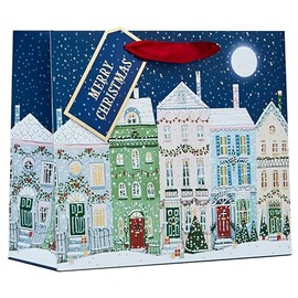 Partisan Products Street Scene Traditional Christmas Shopper Gift Bag with Red Handle and Merry Christmas Message Gift Tag Xmas Gift Wrap Medium