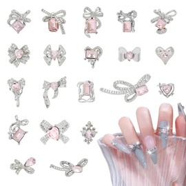 Sucodver Nail Parts Bowknot Rhinestone 3D Small Large Glitter Mix 20 Piece Set (Pink)