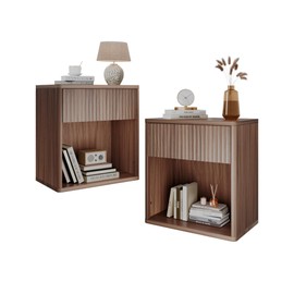 WLIVE Night Stand Set of 2, Wood Nightstand Sets with Storage Drawer and Open Shelf, Fluted Bedroom Nighstands, Mid Century Bed Side Table, End Tables Living Room, Dorm, Home Office, Carrocci Brown