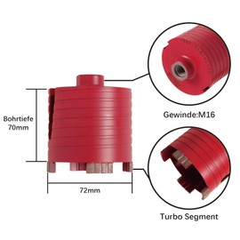 HBKEEN Diamond Can Countersink 72 mm Can Countersink Concrete Core Drill, Laser-Welded Dry Diamond Core Drill, Core Drill for Concrete, Brick, Concrete Block, M16 Threaded Rod, Drilling Depth 70 mm,