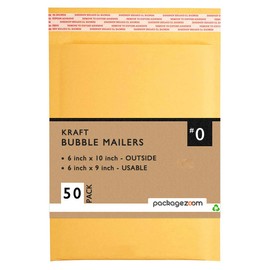 PackageZoom 6x10” Kraft Bubble Mailer 50 Pack, Self-Seal Bubble Envelopes, Packaging For Businesses Waterproof Padded Envelopes Mailers #0