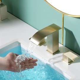 RANDOM Brushed Gold Bathroom Faucet Waterfall Gold Bathroom Sink Faucet 2 Handles 3 Holes SUS304 Stainless Steel Modern Vanity Faucet with Pop up Sink Drain Stopper and cUPC Water Supply Hoses