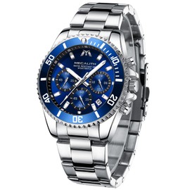 MEGALITH Mens Watches Chronograph Stainless Steel Silver Watches for Men Designer Blue Face Wrist Watches Waterproof Analogue Dress Luminous Date