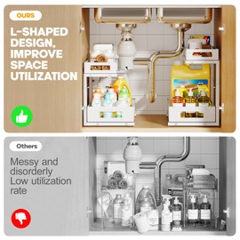 2-Pack Under Sink Storage Organizer, Large 2-Tier Elegant Mesh Pull Out Shelf for Kitchen and Bathroom Cabinet Organization, L-Shaped and Adjustable Height Design for Maximum Space Efficiency-White