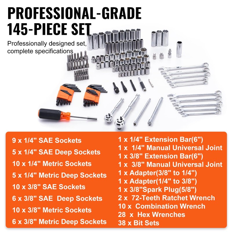 VEVOR Mechanics Tool Set and Socket Set, 1/4" and 3/8"