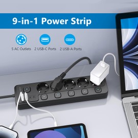 Steckdosenleiste Einzeln Schaltbar,JSVER Mehrfachsteckdose 5 Fach mit 2 USB A,2 USB C,9 in 1 Schreibtisch(3680W 16A) Steckdosen mit Kindersicherung, 2m Kabel-Schwarz