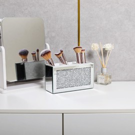 SWTHONY Silver Makeup Brush Holder Organizer, 3 Slot Crystal Mirrored Cosmetic Brushes Storage Bling Crushed Diamond Vanity Decor, Eyeliners Eyebrow Pencil Display Case for Women