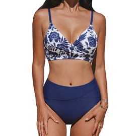 CUPSHE Women's Twist Front High Waisted Bikini Set V Neck Padded Two Pieces Bathing Suits Swimsuits Navy Blue/White M
