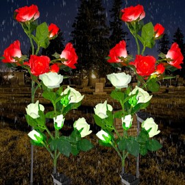 Woanger 4 Pcs Solar Flowers Cemetery Grave Decorations Outdoor LED Flower Lights with 6 Rose Powered Garden Stake Lights Waterproof for Independence Day Grave Decorations(Red, White)