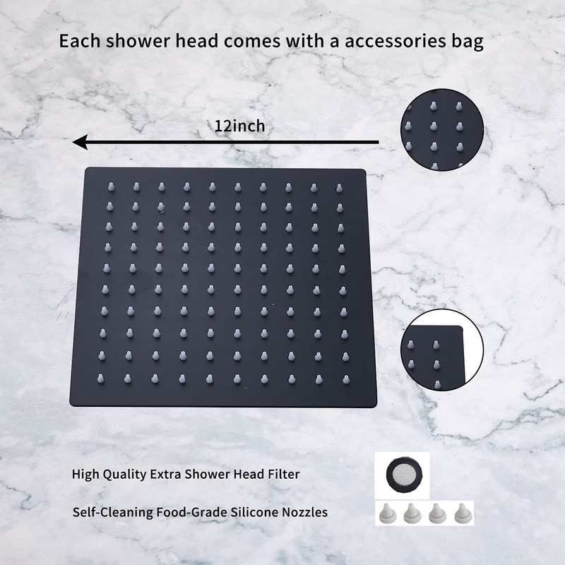 Rain Shower Head Black with Extension Arm 12 Inch Square