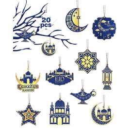 Gowik Ramadan Ornaments - 20pcs Wooden Pendant Ramadan Kareem Hanging Decoration Eid Mubarak, Moon Star Wind Light Shape DIY Crafts Decorative for Tabletop Trees Decor