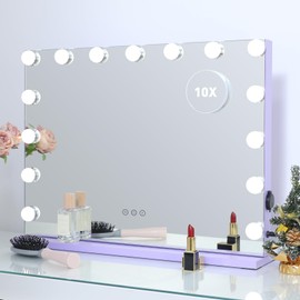 HOMPEN Vanity Mirror Makeup Mirror with Lights,Large Hollywood Lighted Vanity Mirror with 15 Dimmable LED Bulbs,3 Color Modes, Touch Control for Dressing Room & Bedroom, Tabletop or Wall-Mount, Purple