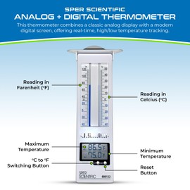 Sper Scientific Analog & Digital Min/Max Thermometer 800122 - Accurate Temperature Tracking, Weather-Resistant Design, Dual Display for Indoor & Outdoor Use, Ideal for Greenhouses, Labs & More - 4 pc