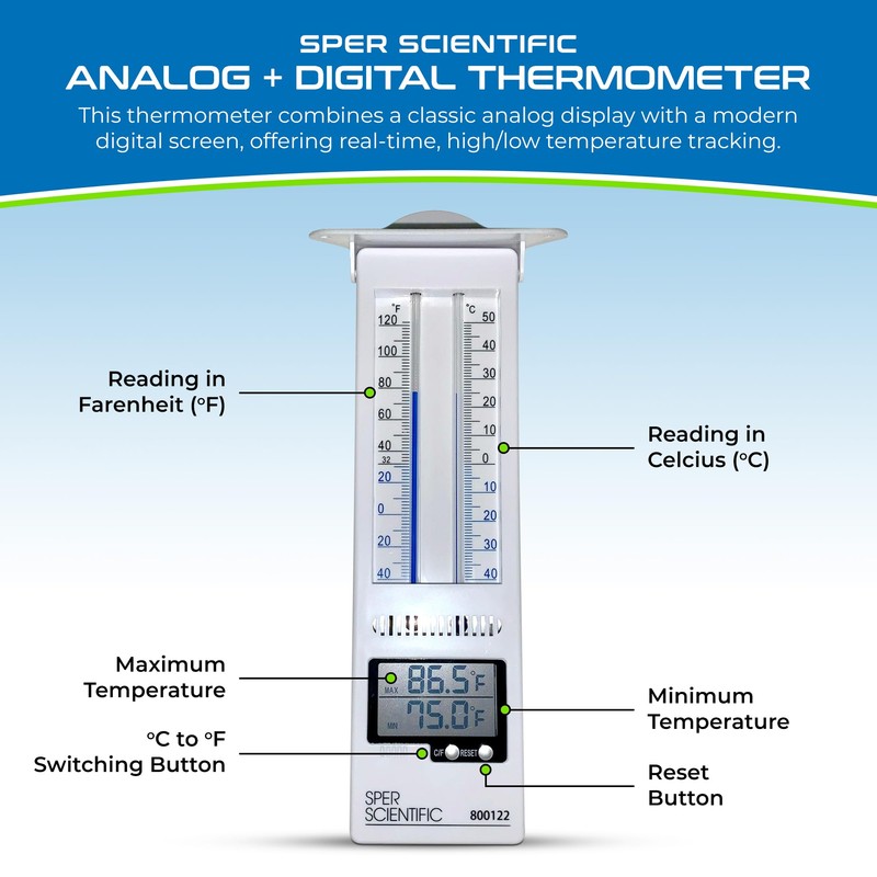 Sper Scientific Analog & Digital Min/Max Thermometer 800122 - Accurate