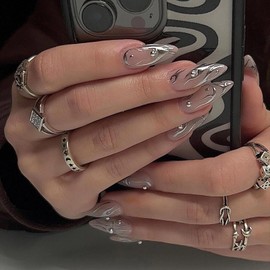 MISUD Press on Nails - Medium Almond Glue on Nails with Silver Chrome, Acrylic 3D Pearl Design 24 pcs