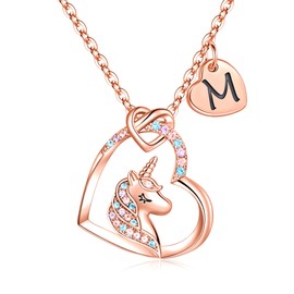 TINGN Unicorn Gifts for Girls Christmas, 14K Rose Gold Plated Unicorn Letter Chain CZ Heart Pendant Chains for Girls Unicorn Birthday Gift Unicorn Gifts for Girls Jewellery, Gold, Zircon