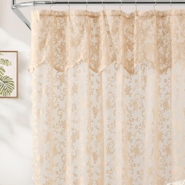 HLC.ME Harper Lace Shower Curtain for Bathroom with Floral Vine Design and Attached Valance – Elegant Victorian Classic Style (Linen Taupe, 72 x 84 Inch)