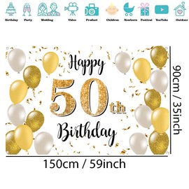 50th Birthday Decorations for Men/Women, Fabric Sign Poster, 50th Anniversary Party Background Banner, Birthday Decoration White and Gold, 1.5m