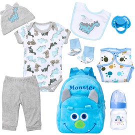 PEDOLLTREE 9 Pcs Set Reborn Baby Doll Clothes Outfit Accessories Blue Dinosaur Set for 17-22 Inch Reborn Doll Newborn Boy with Backpack Diaper