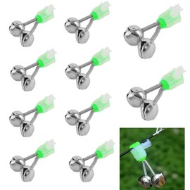 FUNNTY Fishing Rod Bells, 10Pcs Dual Bells Green Galvanized Fish Bite Alarm Portable Reusable Bite Indicator, Plastic Fishing Rod Alarm Bell for Night Fishing 1.89Inch
