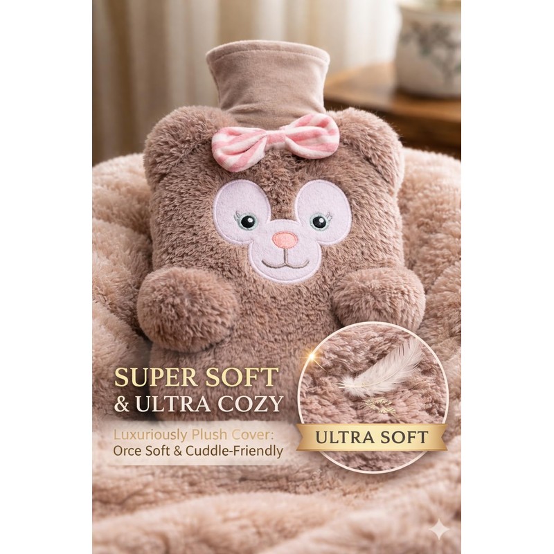 ZOVEXA Large Hot Water Bottle with Plush Animal Cover, 2L