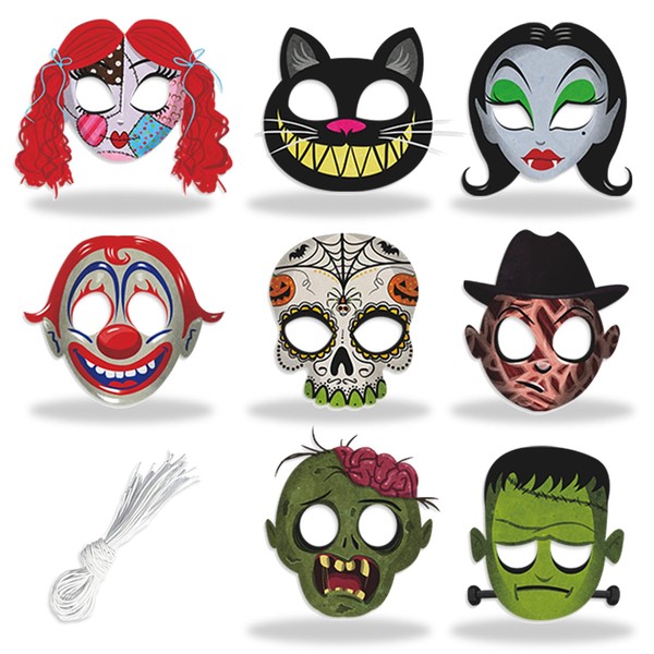 KUBDPQOR Halloween Mask, 8 Pcs Halloween Paper Mask, Reusable Party