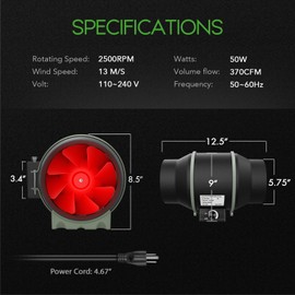 HealSmart 6 Inch Inline Duct Fan, Rotate Button Control - Ventilation Exhaust Fan for Heating Cooling Booster, Grow Tents