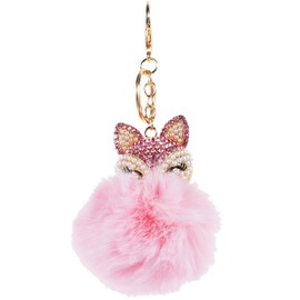 LIOOBO Fox Key Ring Drill Rhinestone Pendant Pompom Decoration Hanging Key Ring Crystal Keyring for Wallet, pink
