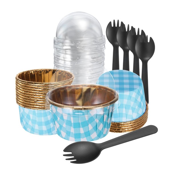HARFINGTON Gold Blue Plaid Cupcake Liners with Dome Lids, 50pcs