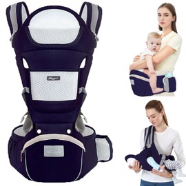 TOFFCAEA 6-in-1 Babytrage Neugeborene, Babytrage Ergonomische Reine Baumwolle Leicht, verstellbarer Sitz, für Neugeborene von 3 bis 36 Monate (3,5 bis 20 kg)(Dunkelblau Taillenumfang 71-118cm)