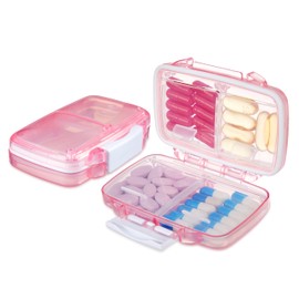 Fullicon 2er-Pack Reise-Pillen-Organizer, 4 Fächer, tragbare Pillendose, feuchtigkeitsbeständig, kleine Pillendose mit Etiketten, Reise-Pillendose mit Doppelverschluss, Taschenapotheke für Vitamin und