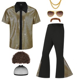 Ezuwail Men's 70s Disco Outfit Costume Short Sleeve Shirts Flared Pants Wigs Necklace Moustache Sunglasses 6 Pieces