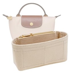 LOUKAYCCI Felt Purse Organizer Insert for Longchamp Mini Bag White Zipper Insert (Zipper Beige, Mini)