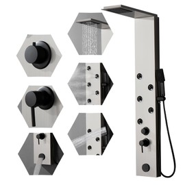 BWE Stainless Steel Shower Panel Tower System 5 Jets Multi-Function Shower Tower Black Panel with Handheld Wand Wall Mount Shower and bathtub outlet Brushed Nickel and Black