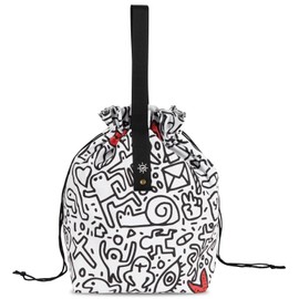 Linkidea Cute Lunch Bag with Handle, Drawstring, Large Mouth, Perfect for Work, Picnic and Travel, Compatible with Bentogo, LunchBots, EasyLunchboxes (White Graffiti)