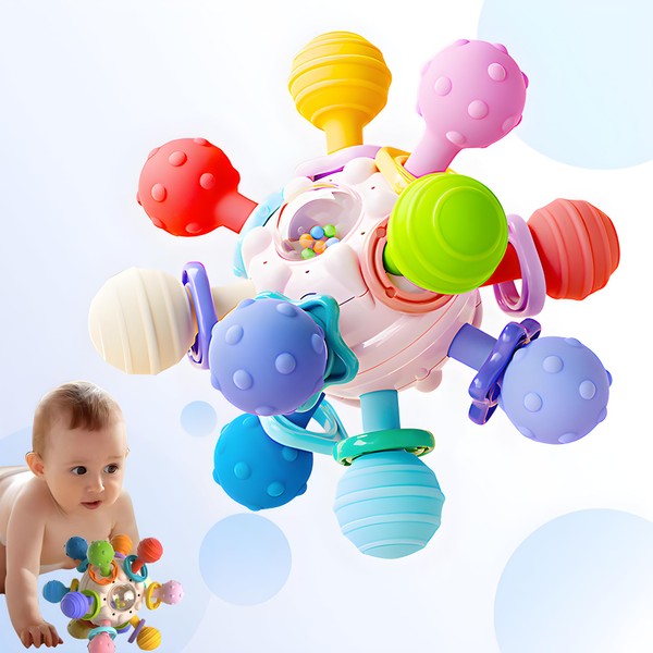 Baby Sensory Teething Toys - Teething Montessori Learning Developmental Toys for Baby - Newborn Teething Ball - Rattle Sensory Infant Chew Toys for 0 3 6 9 12 18 Months Baby Girls Boys Gift (Pink)