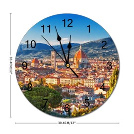 Wall Clock Silent Non Ticking PVC Clocks, Florence, Ponte Vecchio, Palazzo Vecchio and Florence Duomo C, Battery Operated 12in(30cm), Round Farmhouse Clock, Rustic Clocks Decor, Made in The USA