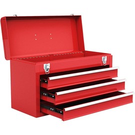Giantex Portable Steel Tool Box, 20.5'' Toolbox w/ 3 Drawers & Top Storage Tray, Tool Storage Chest w/Double Latch System, Ball Bearing Drawer Slides, EVA Liners & Carrying Handle, Red