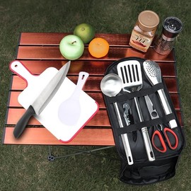 BRAVECOW Portable Cookware Utensils 9Pcs Outdoor Camping Cookware Set Barbecue Stainless Steel Picnic Tableware Simple Kitchen with Organizer Bag Travel Camping Cooking Accessories