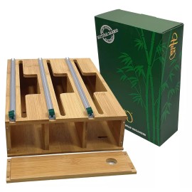 HELIA Bamboo Kitchen Wrap Organizer | Wall Mounting Foil and Plastic dispenser