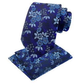 Juego de corbata de boda con estampado floral de lujo para hombre, Azul oscuro, Talla única