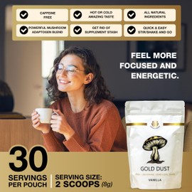 Variety Mode Gold Dust Vanilla Mushroom Coffee Decaf (240g - 30 Servings) | Mushroom Powder Containing Lions Mane, Reishi, Chaga & Ashwagandha | For Focus, Energy & Calm - 100% Natural, Organic, Vegan