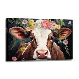KPLUNDO Cow Canvas Wall Art Abstract Animal Picture Print Watercolor Cow Portrait Painting Floral Cow Artwork For Bedroom Livingroom Decor (Artwork-8, 12"x18")
