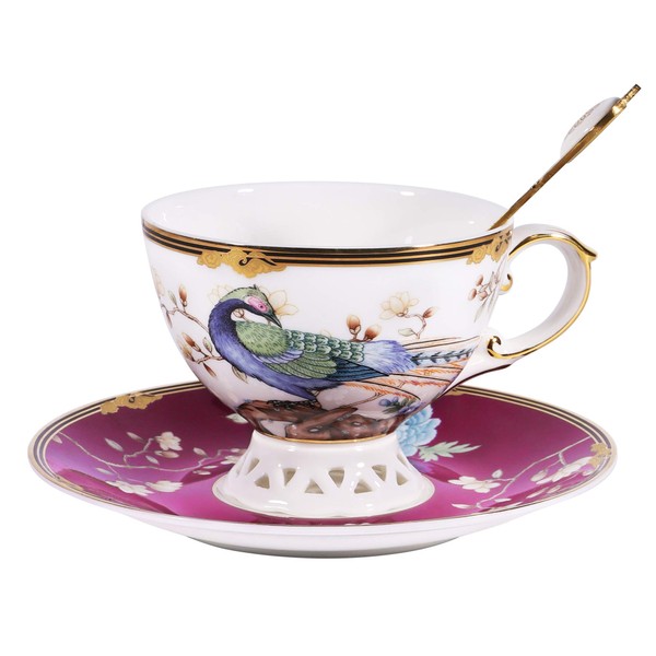 fanquare 7oz Purple Bird Fine Bone China Coffee Cup,Peacock Porcelain Tea Cup and Saucer Set,Cappuccino Cup