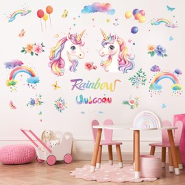 SHUCHING Rainbow Unicorn Wall Sticker Peel and Stick, Colorful Flowers Balloons Cloud Wall Decal for Girls, Removable Vinyl Wall Decor Art Home Decoration for Living Room Bedroom Nursery Playroom