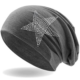 Hatstar Rhinestone Star Women's Beanie Hat, Elastic Slouch Long Beanie Girls Hat with Elegant Rhinestone Appliqué, Light and Soft - darkgray
