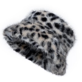 Women's Winter Faux Fur Bucket Hat Fluffy Warm Ladie's Plush Leopard Printed Fisherman Cap(Black Leopard Printed)