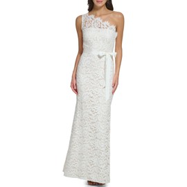 Eliza J Women's One Shoulder Tie Waist Lace Wedding Gown, Ivory Multi, 4