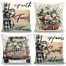 MEIVINES Spring Cushion Covers 45 x 45 cm Set of 4 Farmhouse Leaves Truck Home Sweet Home Decorative Pillow Covers Garden Linen Cushion Case for Outdoor Sofa Couch Bed Garden Decor (Green and Beige)