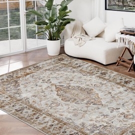 Joydeco 5x7 Area Rugs for Living Room, Machine Washable Vintage Area Rugs, Low Pile Non Slip Carpet, Lightweight Chenille Print Rug for Bedroom, Dining Room, Home Office, Light Coffee